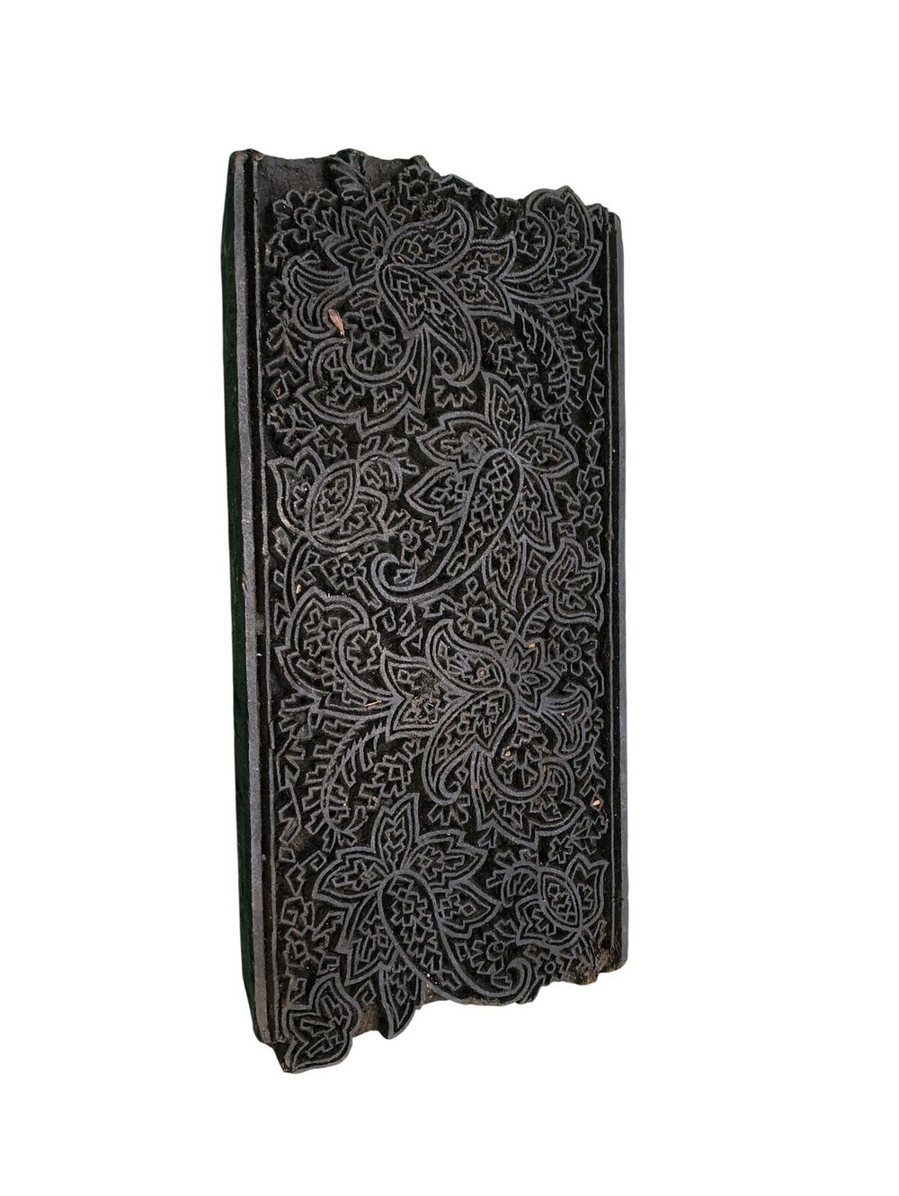 Indian Hand Carved Textile Printing Block Paisley Floral Background Brown 3x7x3